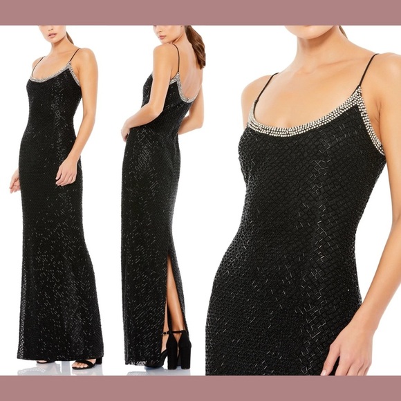 NWT Mac Duggal Black Beaded Spaghetti Strap Column Gown Sz 4 - Picture 1 of 17